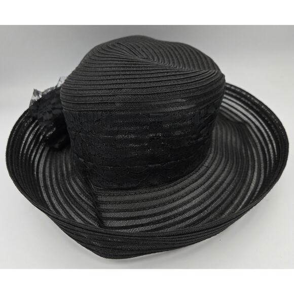 Fancy Black Bucket Hat with Alternating Dark and Translucent Stripes with Bow - Picture 1 of 5